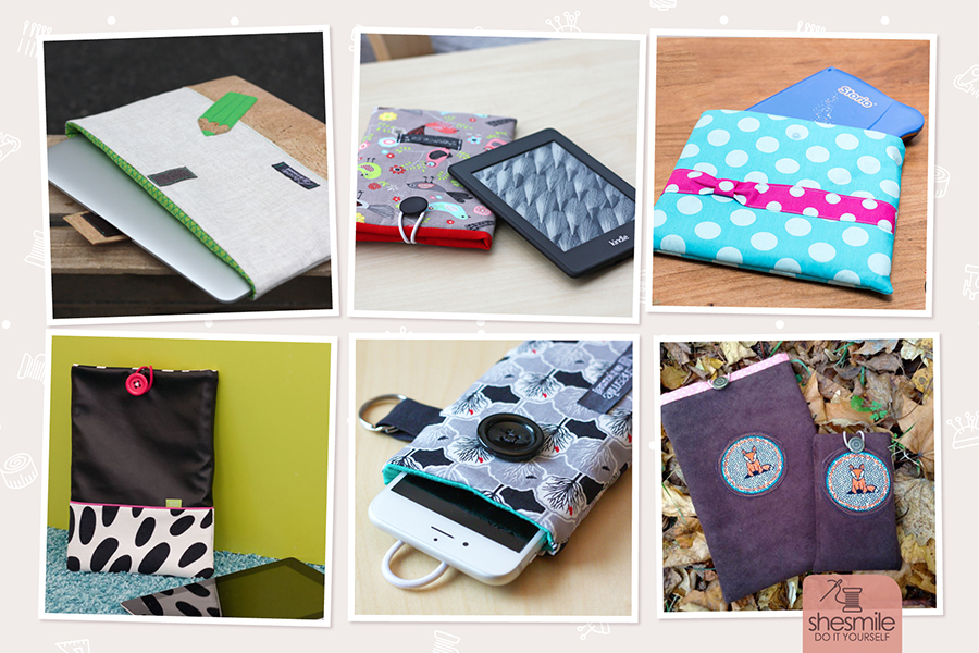 Nähanleitung für alle Größen und Modelle gestaltet als PDF-E-Book von shesmile für eine einfache, gepolsterte Schutztasche aus Stoff für Handy, Tablet, E-Book Reader oder Laptop. Schnittmuster selbst erstellen, passend für alle Größen und Modelle.