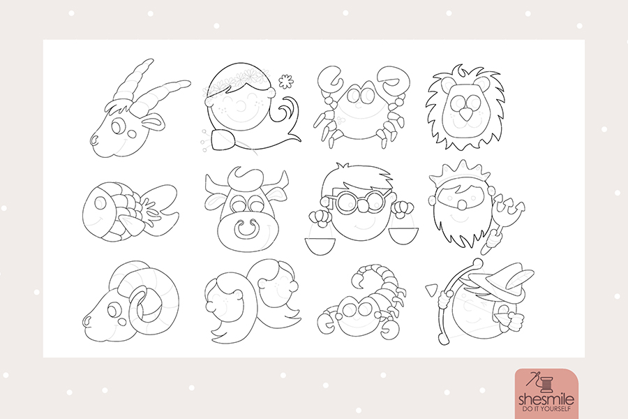 Applikationsvorlage gestaltet als PDF-E-Book für alle 12 Sternzeichen. Zur Gestaltung von Textilien. Als die zwölf Tierkreiszeichen des Zodiaks werden die Sternzeichen Widder, Stier, Zwillinge, Krebs, Löwe, Jungfrau, Waage, Skorpion, Schütze, Steinbock, Wassermann und Fisch bezeichnet.