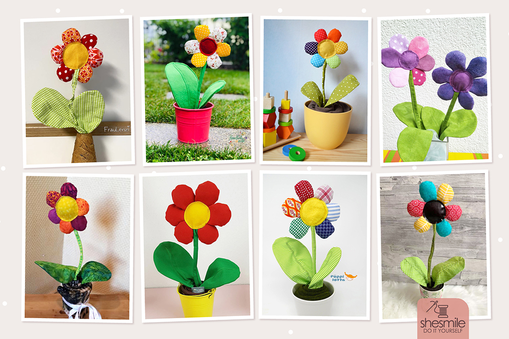 Nähanleitung und Schnittmuster gestaltet als PDF-E-Book von shesmile für Frieda Knopfblume. Die Zimmerpflanzen aus Stoff für das Kinderzimmer, Allergiker, Vielreisende, kranke und alte Menschen, schattige Plätzchen oder Pflanzendummies wie mich!