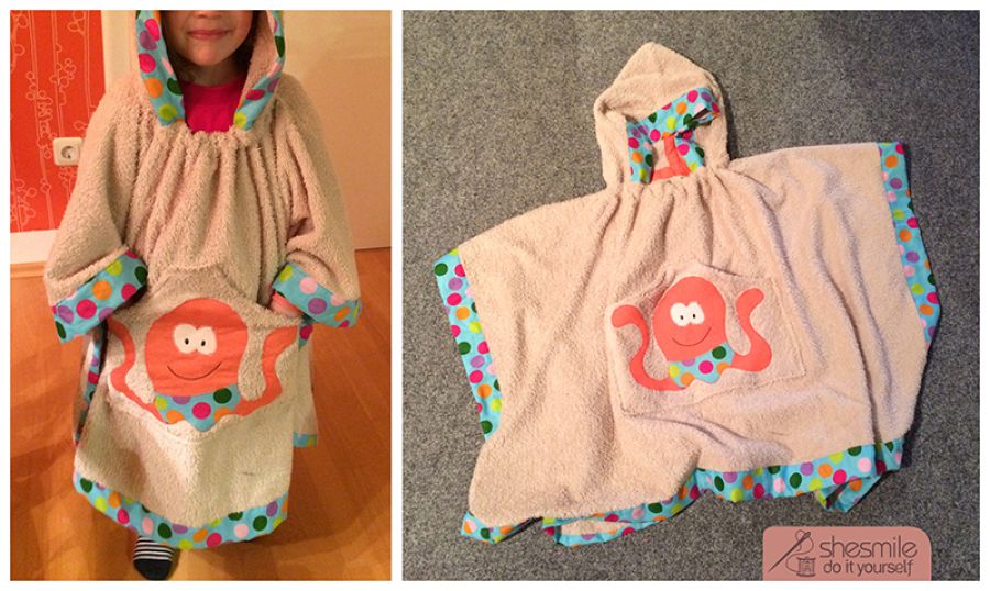 Eine Badeponcho für Lilli mit Toni Tintenfisch Applikation