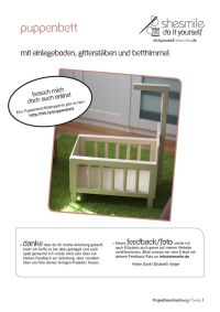 Nähanleitung und Bauanleitung mit Einkaufsliste gestaltet als PDF-E-Book für ein Puppenbett aus Holz mit Bettwäsche, Betthimmel, Bettzeug und Herzanhänger.