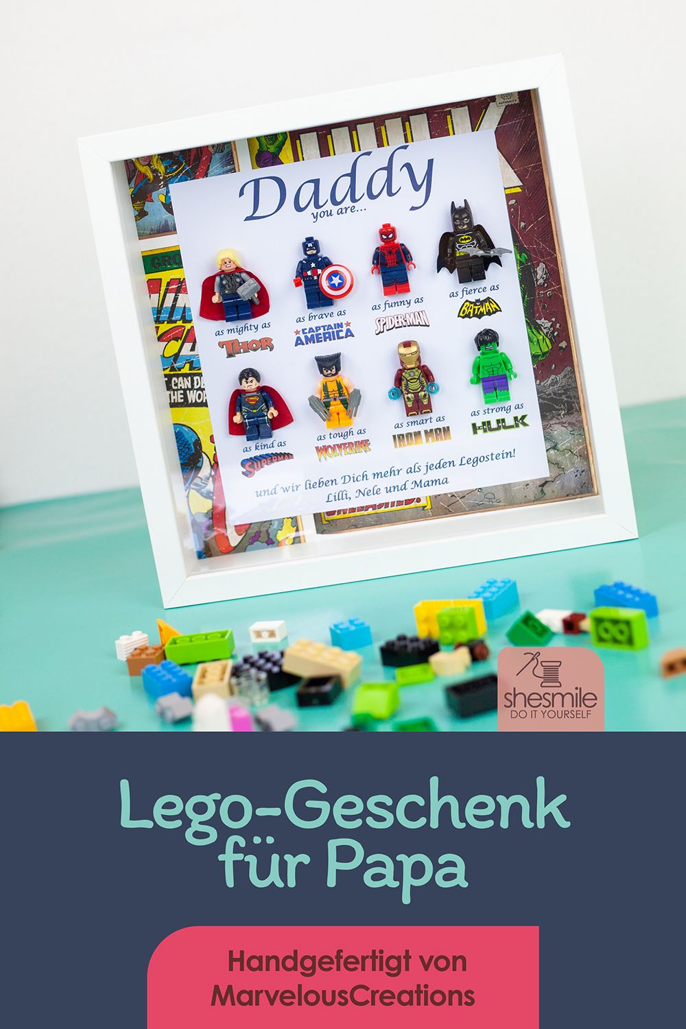 Ein Bilderrahmen mit Superhelden Minifiguren als Vatertagsgeschenk