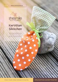 Nähanleitung und Schnittmuster gestaltet als PDF-E-Book für ein kleines Stoffsäckchen in Karotten-Form.