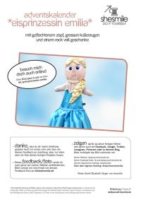 Von mir erstellte Nähanleitung mit Schnittmuster für einen Eisprinzessin-Adventskalender "Emilia" mit geflochtenem Zopf, großen Kulleraugen und einem Rock voll Geschenke