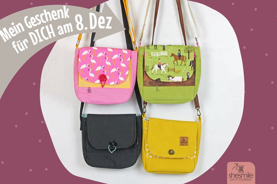 Nur kurze Zeit kostenlos! Nähanleitung und Schnittmuster für die Umhängetasche oder Handtasche Ulla im Ebookmacher Adventskalender. Freebook für 1 Tag bei shesmile.