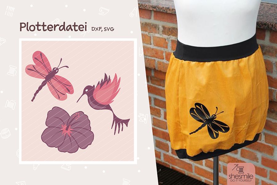 Hibiskus, Libelle und Kolibri (Plotterdatei und Illustration)