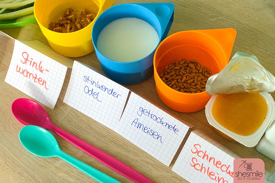 Lustige Blindverkostung für Kinder. Auf die Sinne fertig los! Ein Geschmacksunterricht für den Kindergeburtstag oder einen lustigen Nachmittag zuhause. Eine Spielidee von shesmile.