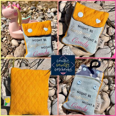 Ich wollte eigentlich endlich mal einen Klapppack für die Tonies meiner Kinder nähen. Leider ist so kurz vor den Ferien die Zeit sehr knapp mit all den Terminen. Daher habe ich mich kurzfristig entschieden, das Freebook Hosentaschentäschchen Heidi zu nähen. Nach meiner Elternzeit brauchte ich selbst dringend eine Tasche für den „Mädelskram“ bei der Arbeit ;-) Aber allzu diskret sollte es dann doch nicht werden. Es handelt sich hier um ein echtes Upcycling, eine alte Jeans und ein Rest Steppstoff für außen, ein Halstuch mit Totenköpfen für den Futterstoff.
Damit es nicht zu spiessig ausfiel, gab es noch unterschiedliche Kamsnaps, sowie einen frechen Spruch aus Bügelfolie aus meinem Plotter und mein Label mit Summer vibe. Die Fotos entstanden ganz spontan gestern bei einem Ausflug an die wilde Isar.