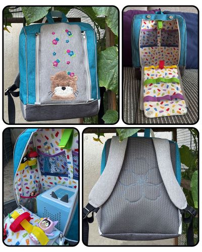Ich habe zum ersten Mal den Rucksack KlapPack in der Größe Mittel genäht. Außen habe ich einen beschichteten Outdoorstoff von Snaply in Türkisblau, hellgrau und dunkelgrau verwendet. Die Klappe habe ich bestickt (was gar nicht so einfach war, weil die Maschine nur 10x10 cm kann). Außerdem sind Reflektorstoff und Reflektorpaspeln vernäht. Das Rückenteil ist aus Outdoorstoff plus Air-Mesh, damit der Rucksack dicht ist aber am Rücken weich. Um die beiden Lagen zu verbinden habe ich eine Blüte aufgenäht (Stoff freihand durch die Maschine geführt). Damit es innen maximal kindgemäß wird, habe ich einen Stoff mit bunten Gummibärchen aus meinem Vorrat verwendet. Da der  Rucksack für meine 3Jährige Tochter zum Transportieren ihrer Toniebox gedacht ist, habe ich bunte Gummibänder und Netztaschen eingenäht. Dabei habe ich die Farben der Gummibärchen aufgegriffen. Wichtig war mir, dass wir beide den Rucksack mögen. Daher etwas schlichtere Außenstoffe, die zum Glück nicht dreckanfällig sind, und kunterbuntes Innenleben. So wird uns der Rucksack hoffentlich lange begleiten.