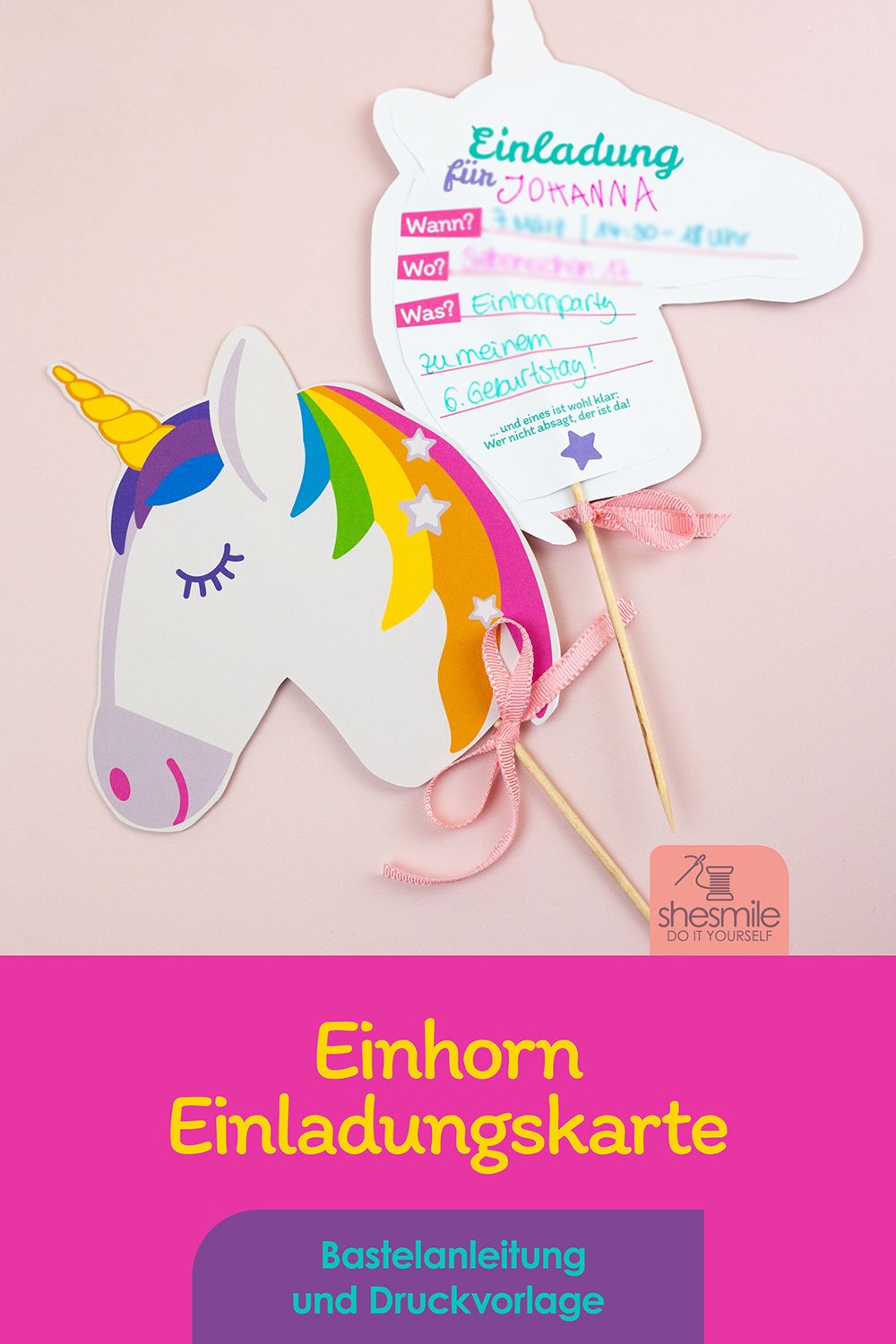 Einladungskarte "Einhorn" (Bastelanleitung und Druckvorlage)