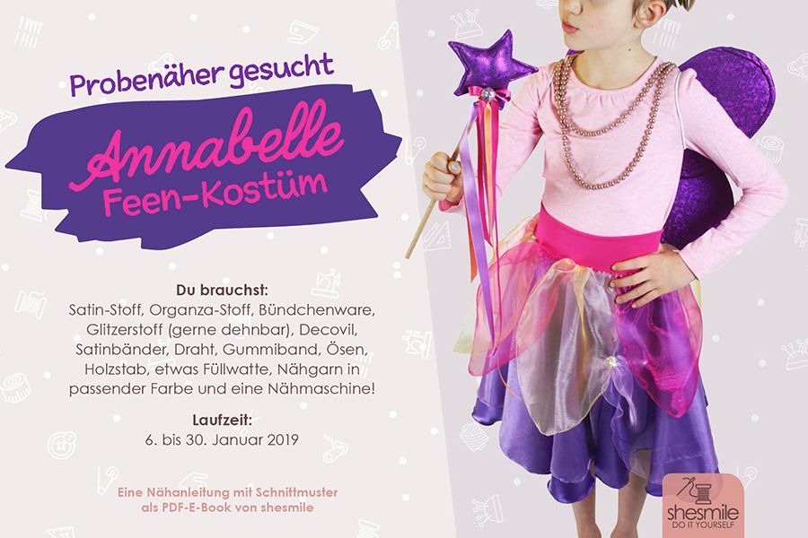 Probenäher gesucht! Nähanleitung und Schnittmuster gestaltet als PDF-E-Book für ein Feen-Kostüm Annabelle. Passend für jede Größe. Mit Zauberstab, Feenflügel in zwei Größen und Tellerrock mit Blumen-Blüten-Fransen. Ein Traum für kleine und große Mädchen.
