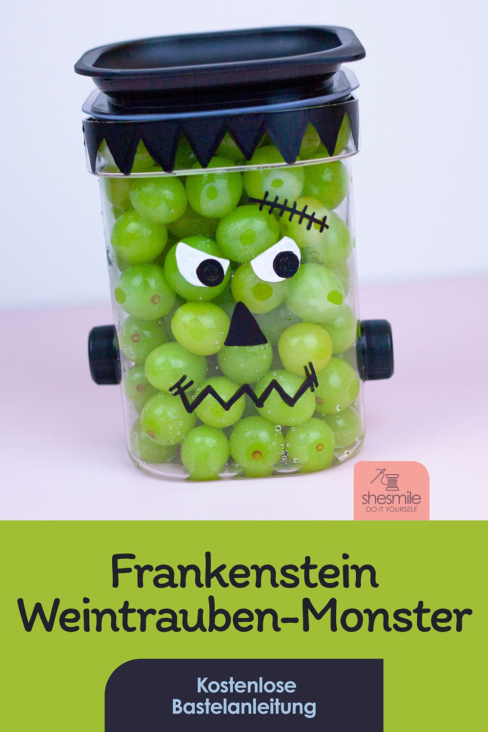 Frankenstein-Weintrauben-Monster - eine gesunde und wiederverwendbare Bastelidee zu Halloween