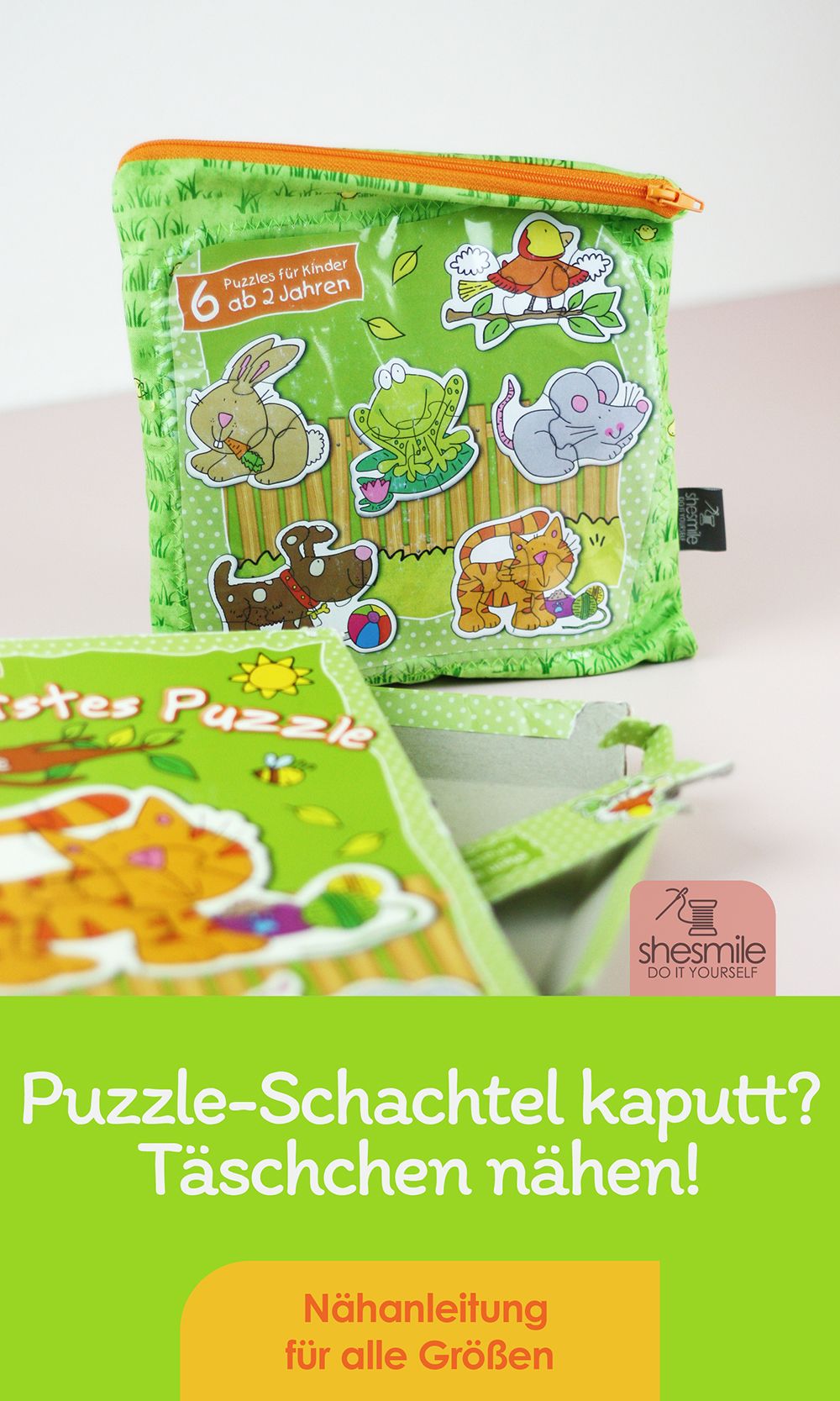 Einen Stoffbeutel als Ersatz für die kaputte Puzzle-Schachtel nähen