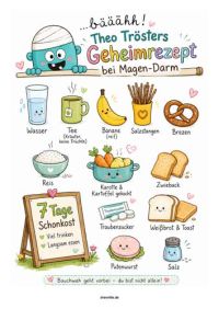 Ein Schonkost-Plan für Kinder zum Ausdrucken und Ausmalen. Hilfe bei Magen-Darm-Erkrankungen.