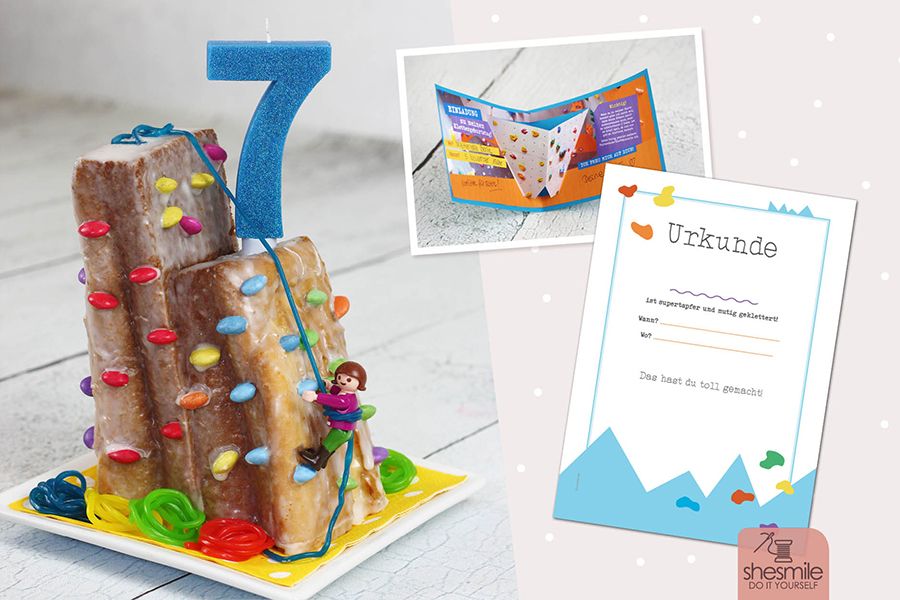 Druckvorlagen und Ideensammlung für einen Kindergeburtstag in der Kletterhalle gestaltet als PDF-E-Book von shesmile. Mit passender Schritt-für-Schritt Bastelanleitung und Druckvorlagen für Einladungskarten und Urkunden, den wichtigsten Regeln und einem DIY für einen Kletterwand-Geburtstagskuchen!