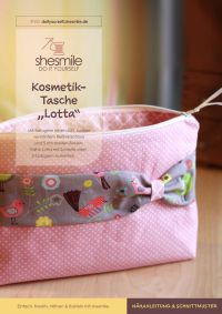 Nähanleitung und Schnittmuster gestaltet als PDF-E-Book für eine mittelgroße Kosmetiktasche "Lotta" mit Reißverschluss und farbigem Innenstoff.