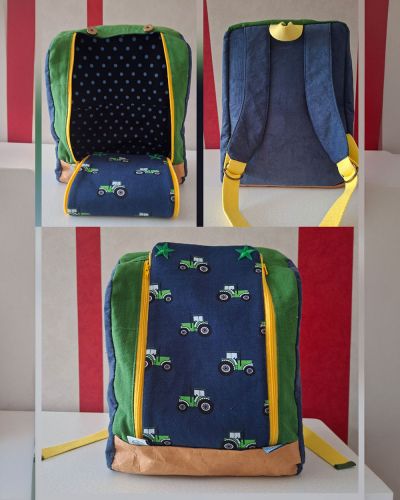 Hallo mein inzwischen 3. KlapPack für den 3. Enkel. Diesmal hab ich den Boden mit SnapPap gemacht - ist aber doch sehr fest um die Ecken zu nähen. Der Rest ist Babycord, Canvas und die Klappe Jersey auf Jeans mit Klebevlies verbunden. Ich hoffe mein Schlepperfan freut sich (mit dem Traktorkissen ist er happy).