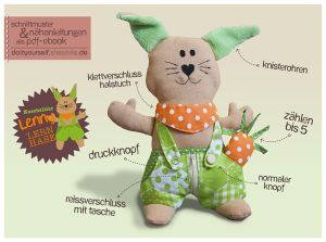 Kuscheltier Hase Lenny Lernhase, Schnittmuster und Nähanleitung von shesmile DIY.