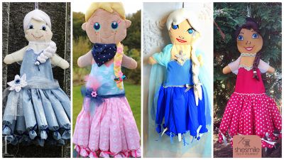 Nähanleitung und Schnittmuster gestaltet als PDF-E-Book für einen Adventskalender "Eisprinzessin Emilia" mit geflochtenem Zopf, großen Kulleraugen und einem Rock voll Geschenke.