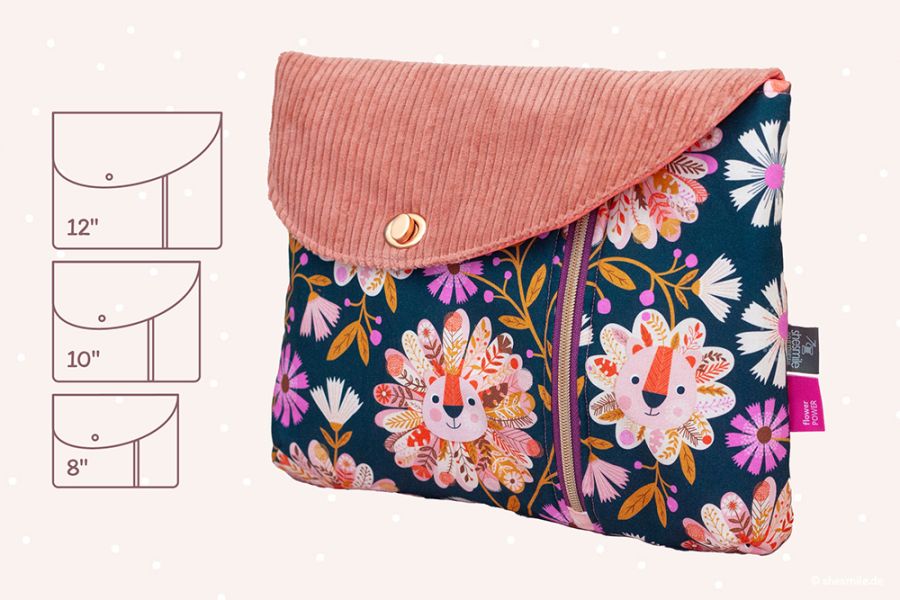 Nähanleitung und Schnittmuster in 8" 10" und 12" gestaltet als PDF-E-Book von shesmile DIY für eine Tasche Smartkram für Tablet, E-Book-Reader und Bücher.