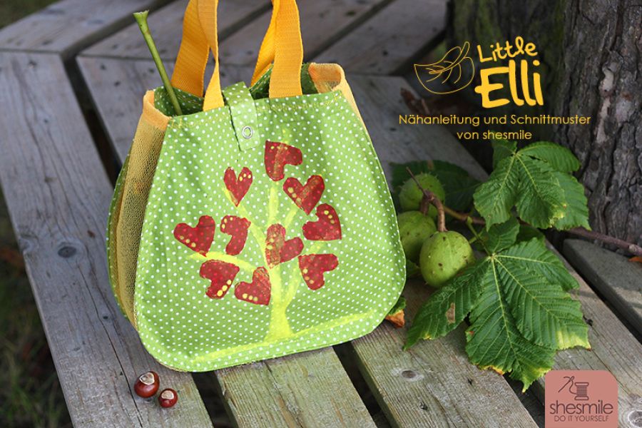 Mit Tüll-Netzteil als Taschenrand. Kinderhandtasche LittleElli als Herbst-Sammeltasche mit Netz. Nähanleitung und Schnittmuster von shesmile DIY.