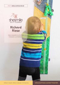 Nähanleitung und Schnittmuster gestaltet als PDF-E-Book für eine Größenleiste oder Messlatte aus Stoff RichardRiese. Mit Klettskala und Fotokarten zum Abnehmen