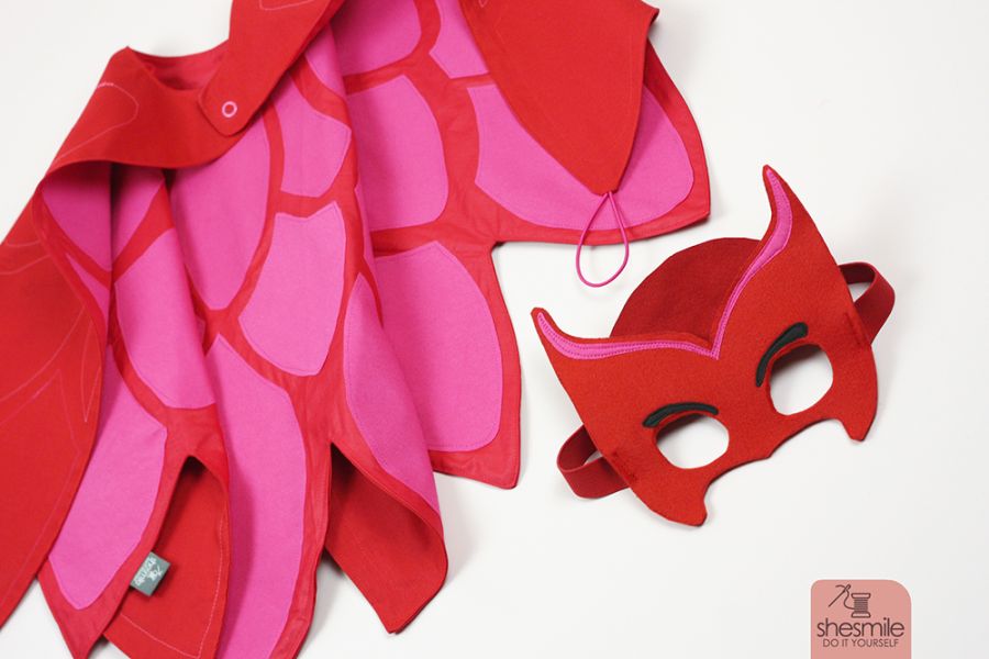 Nähanleitung und Schnittmuster gestaltet als PDF-E-Book von shesmile zum Nähen eines Eulenkostüms aus Stoff. Mit Umhang und Gesichtsmaske. Passend für ein Eulenkostüm oder PJ Masks Eulette.