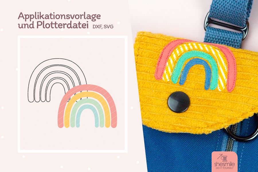 Im Set mit 3 Größen. Als SVG- und DXF-Datei. Regenbogen shesmile Kreativ in 4 Farben als Plotterdatei und Applikationsvorlage. Zum Gestalten von Oberflächen.