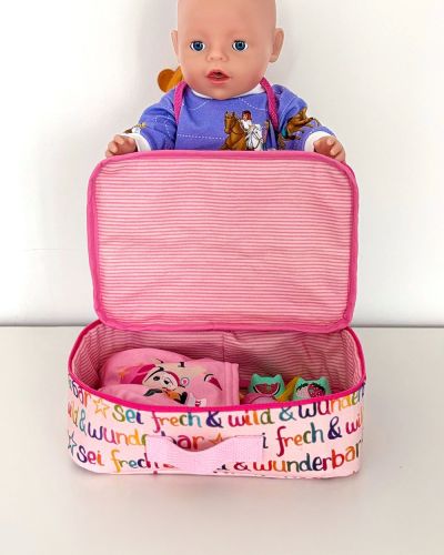 Reisekoffer für Puppen in Größe S. Außen- und Innenstoff aus Canvas, verstärkt mit Decovil light und H630.