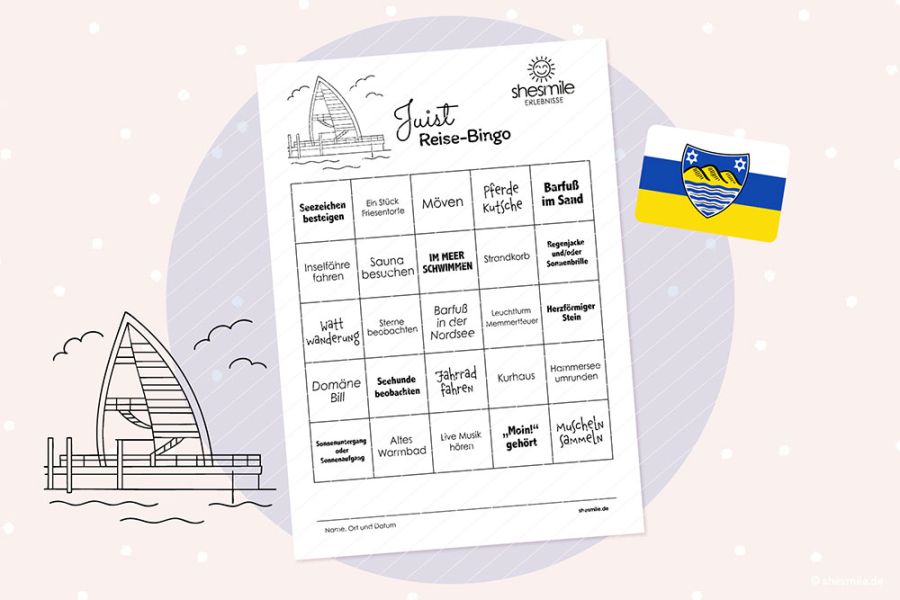 Eine kurzweilige und spannende Entdeckungsreise für Kinder und Erwachsene: Reise-Bingo für Juist. Eine kostenlose Druckvorlage als PDF Freebook Printable.