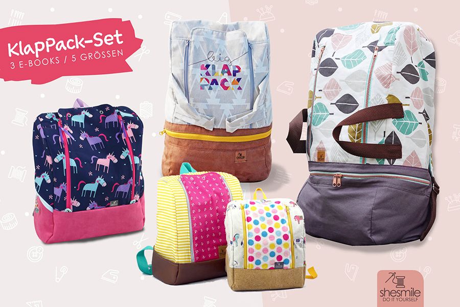 Rucksack-Set KlapPack (Nähanleitung und Schnittmuster für alle 5 Größen in 3 E-Books von shesmile