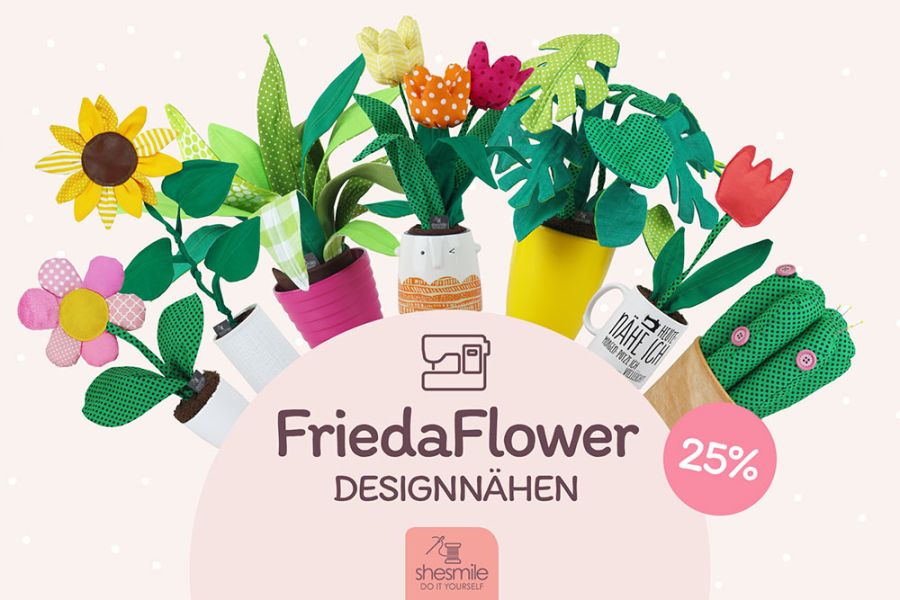 Mitnähen und Gratis-Kaktus oder 5 EUR Wertgutschein sichern. FriedaFlower Designnähen 2024 - Aktionswochen bei shesmile für mehr Nachhaltigkeit.