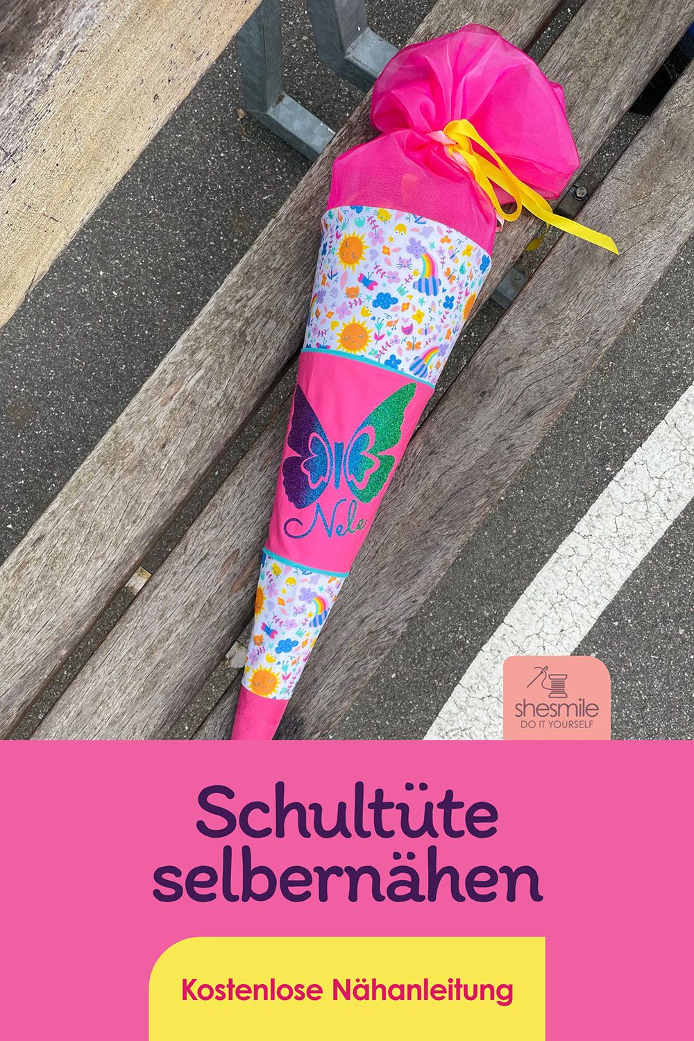 Schultüte nähen, Glitzerschmetterling plotten - Danke liebe Patentante