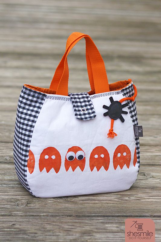 Halloween-Sammeltasche "LittleElli" mit Kartoffeldruck-Gespenster