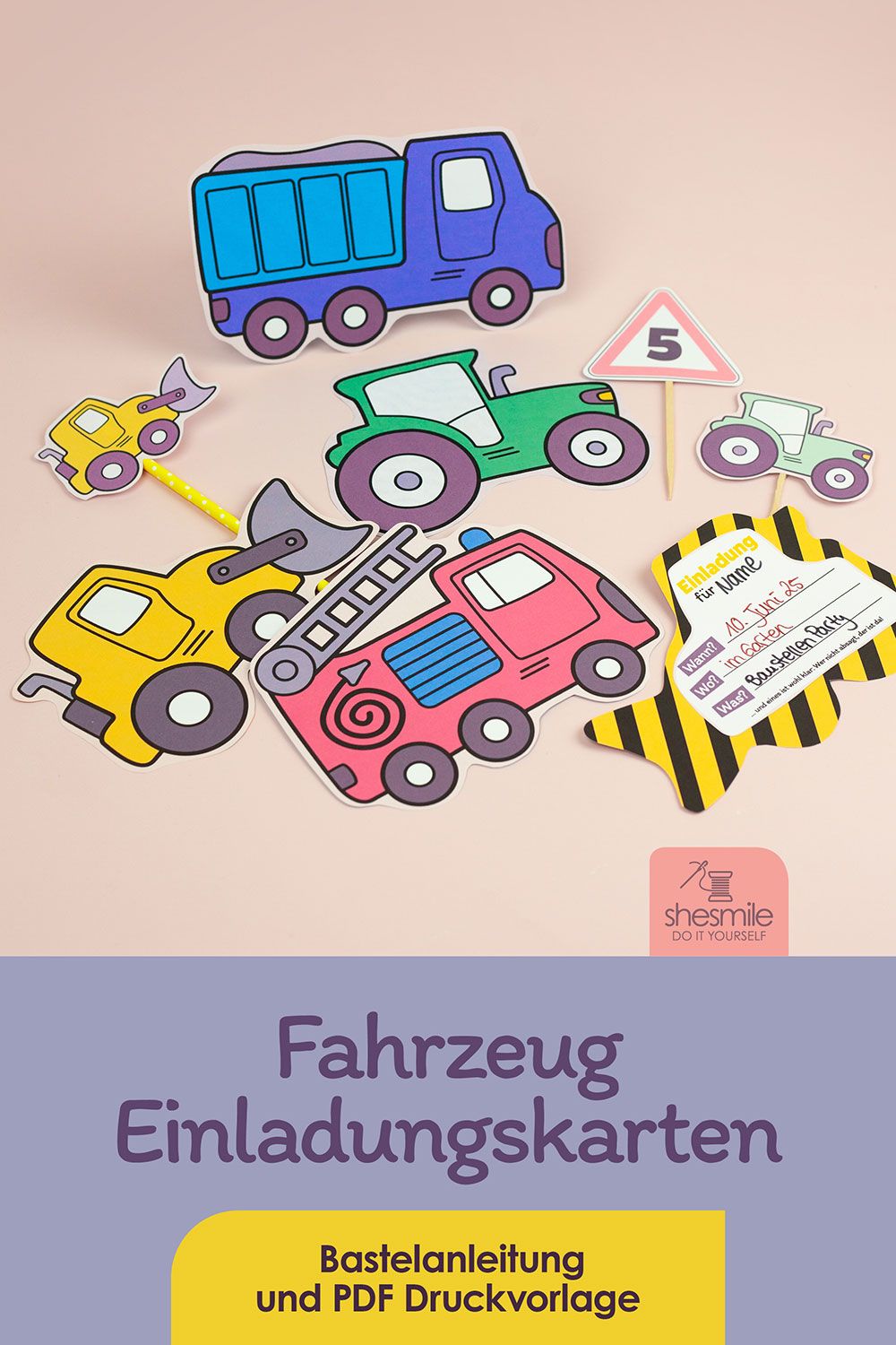 Fahrzeug-Party - Einladungskarte, Urkunde und Caketopper zum Ausdrucken