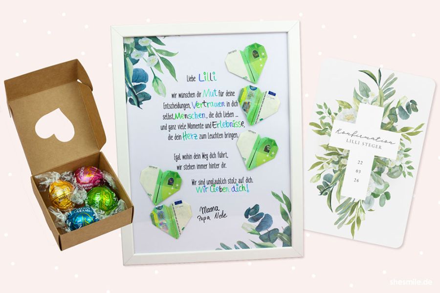 DIY Bastelideen mit Herz für die Konfirmation meiner Tochter: Einladungskarten, Lindt Lindorkugeln Gastgeschenke und ein XXL Geldgeschenk mit lieben Worten.